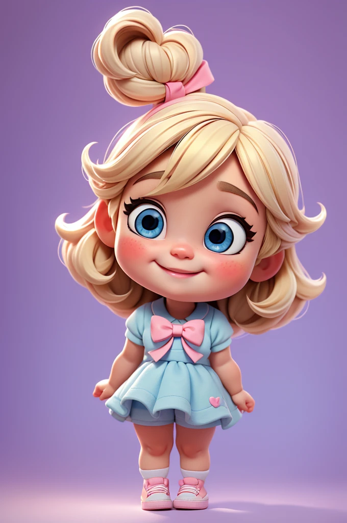 mignon bébé chibi fille cheveux blonds, incliner la tête, fond blanc et rose, souriant heureux, yeux bleus, gros cils, joues roses, chaussures bleues
