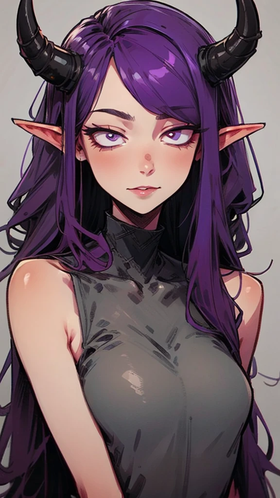 Tiefling Girl, purple hair, gray horns, high