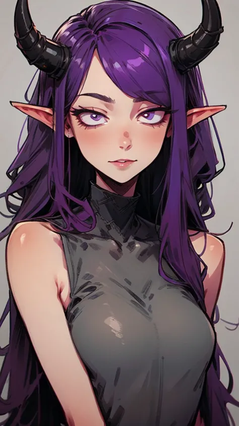 tiefling girl, purple hair, gray horns, high