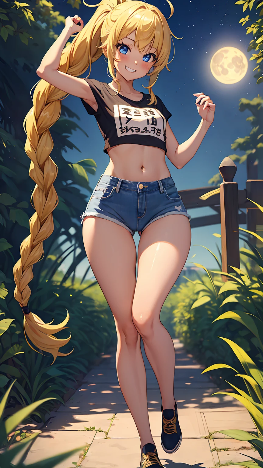 1girl, anime girl, anime, (tanned skin), 2d girl, 16y, (fullbody), standing, anime girl, blue eyes, seductive grin, (ahoge, long hair, braid single ponytail, blonde hair), ruffled t-shirt, Solo, Slim, flat chest, Tight Shorts, low waist shorts, upshorts, The dark night garden background, low light, moon, stars in the sky, looking at viewer, darker shadows, (((explicit))), (((shorts))), (((absurdres))), (((thigh gap))), cameltoe, (((cameltoe))), (((cleft of venus))), (((lowleg shorts))),