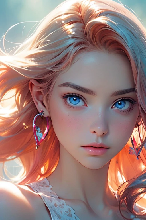 ((best quality)), ((masterpiece)), (detailed), detailed skin, Sapphire Eyes, Long Peach hair with thick waves, fluid dynamics, big breasts, brilliant golden halo, creative, tangled, get caught in, High_Lips, (fractal art:1.1), (aquamarine), (pink hair), (orange hair), highest detailed, (zentangle:1.2), (dynamic pose), (abstract background:1.3), (earrings:1.4), (Shiny white skin), tiffany blue, gold, rose, (better delicate eyes), (model body), ((close-up face)), happiness, (bright blue eyes), starry, Blue eyes, Ultra-realistic and vivid textures, hard curly, Lovely, ((Red dress)), (rose dress), red dress.