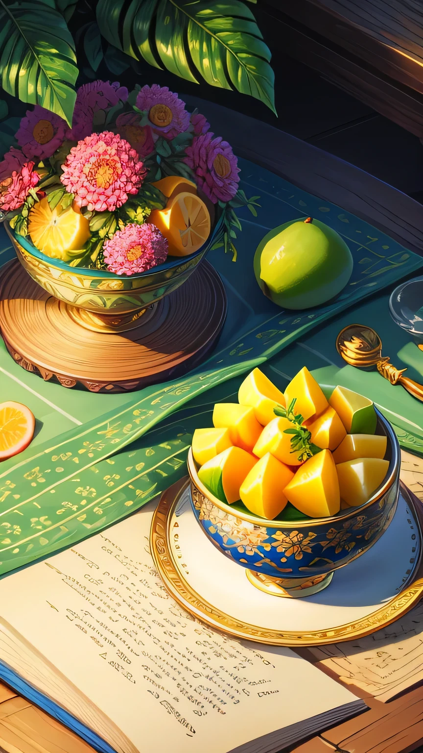 (best quality, highres), detailed herbal manuscript page with intricate illustrations of MANGO , fruits, and MANGO, elaborate calligraphy, ultra-detailed depictions of each plant and fruit, top-down perspective, centered composition, no human presence
