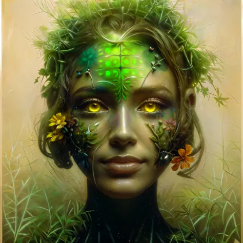 painting of a woman with flowers in her head, humanoid flora, mechanical vegetal cyborg, flowers grow from the body, flowers gro...