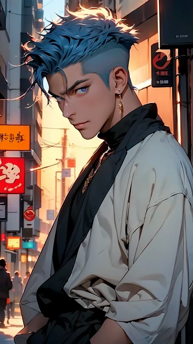 highest quality, 8K, high resolution image, anime style Jujutsu Kaisen, detailed strokes, slightly tanned skin, blurry, smile, purple light reflecting from it, (close angle), 1 man, young, male, model, cool guy, muscular, blue Eyes, light blue hair very short hair, brown hair, short hair, hairstyle: undercut, hair slicked back, swollen chest, he is wearing a jacket Naked torso, and sweatpants, holding a katana in his hand, swordsman pose, gold link chain, background: city, Tokyo, business district, he is a swordsman