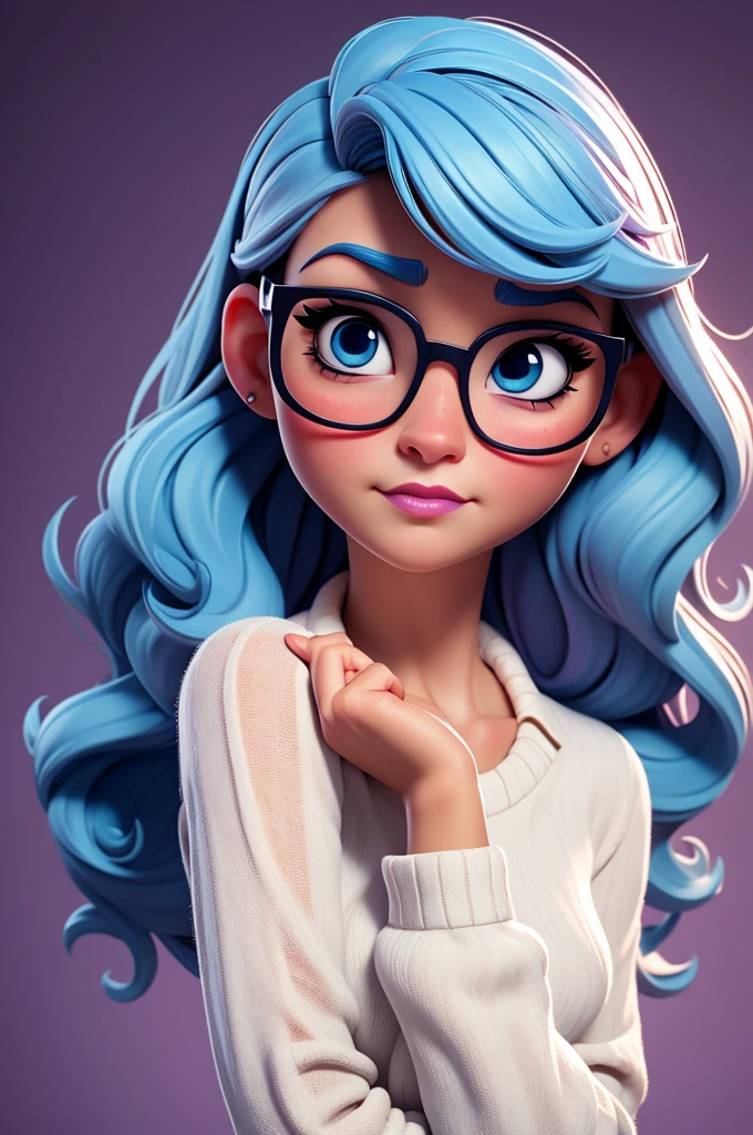 créer une illustration 3D, Modèle, exubérant, Disney, femme sophistiquée, les yeux très bleus, luxe, Réaliste,innocent, larme au visage, porter du suuter blanc , Neuvième fois, À la manière de Pixar, gros cils, élégant, Lunettes, expression triste, utiliser du rouge à lèvres violet foncé, cheveux raides courts très bleu vif, cherche la caméra, fond blanc, photo centrale, Couleur vive
