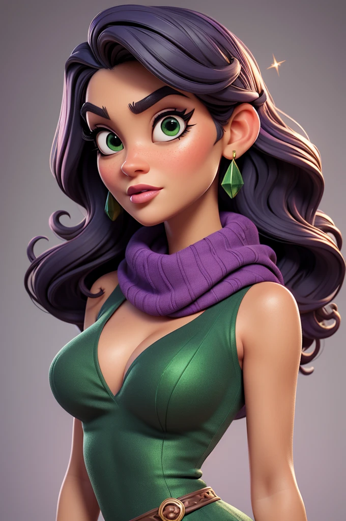 create an 3d illustration, model realistic, exuberant, woman sofisticaded, luxury, realistic, scarf purple in neck, nitid, pixar style, big eyelash, stylish, snobbish face, arched eyebrow, green glitter dress, using burgundy lipstick, straight short dark green hair, look for the camera, white background, center photo
