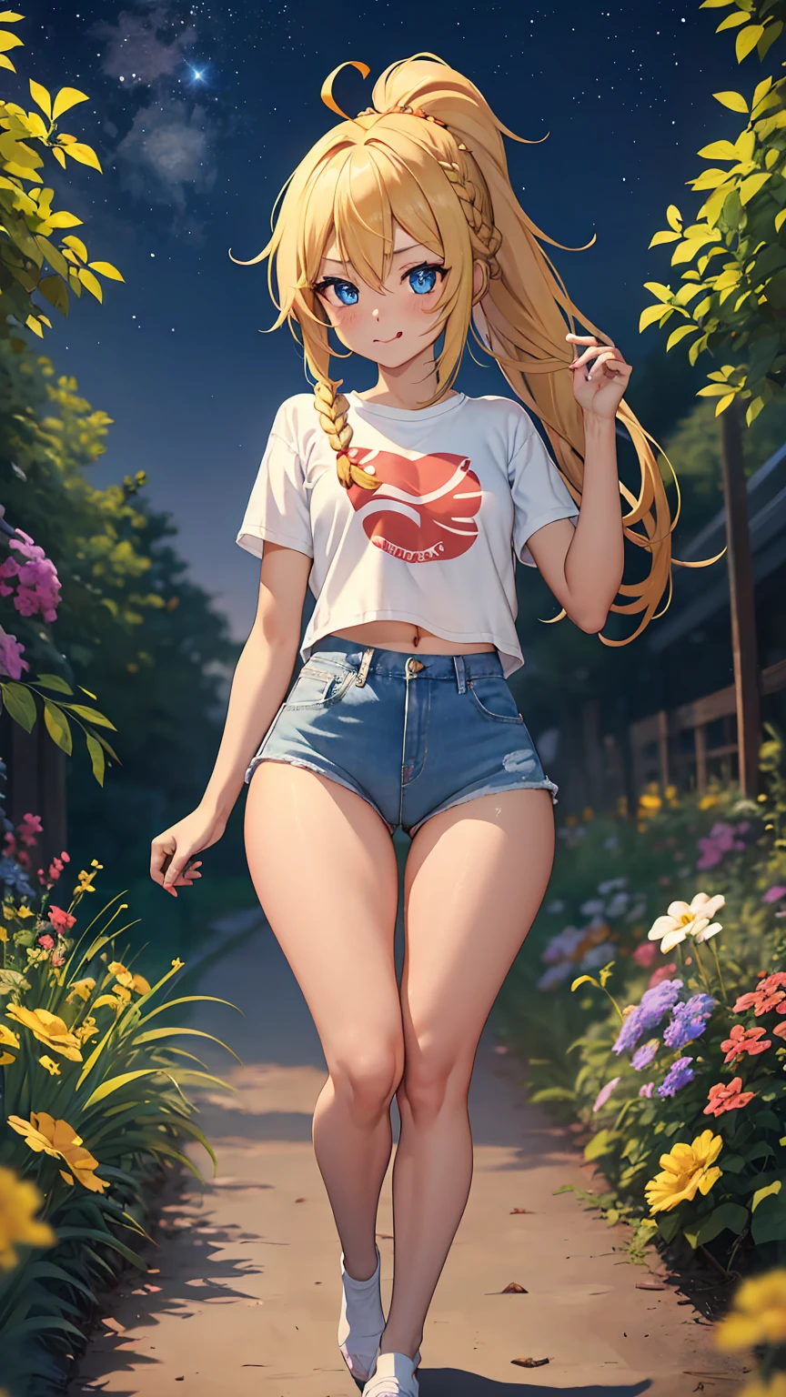 1girl, anime girl, anime, (tanned skin), 2d girl, 16y, (fullbody), standing, anime girl, blue eyes, licking lips, (ahoge, long hair, braid single ponytail, blonde hair), ruffled t-shirt, Solo, Slim, flat chest, Tight Shorts, low waist shorts, upshorts, The dark night garden background, low light, moon, stars in the sky, looking at viewer, (((explicit))), (((shorts))), (((absurdres))), (((thigh gap))), cameltoe, (((cameltoe))), (((cleft of venus))), (((lowleg shorts))),