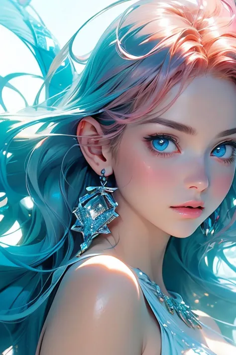 ((best quality)), ((masterpiece)), (detailed), detailed skin, Sapphire Eyes, Long Peach hair with thick waves, fluid dynamics, b...