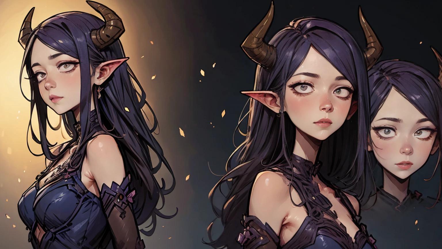 (Masterpiece, best quality), detailed, 1girl, ((character concept art)), ((character design sheet, same character, front, side, back)), many items, (Tiefling Girl, long purple hair, gray horns), intricate, fantasy, cinematic lighting, dramatic atmosphere, rich colors, highly detailed face, expressive eyes, detailed skin, sharp focus, elegant pose, fantasy outfit, ornate jewelry, detailed textures, delicate features, stunningly beautiful, serene expression, ethereal, mystical