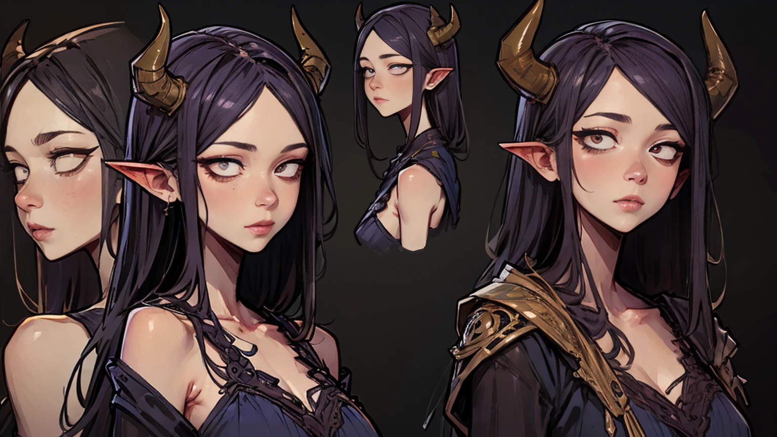 (Masterpiece, best quality), detailed, 1girl, ((character concept art)), ((character design sheet, same character, front, side, back)), many items, (Tiefling Girl, long purple hair, gray horns), intricate, fantasy, cinematic lighting, dramatic atmosphere, rich colors, highly detailed face, expressive eyes, detailed skin, sharp focus, elegant pose, fantasy outfit, ornate jewelry, detailed textures, delicate features, stunningly beautiful, serene expression, ethereal, mystical