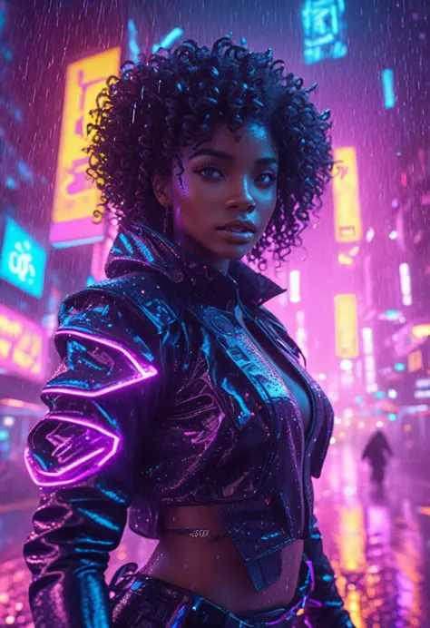 beautiful black woman with curly hair and african designed neon lit futuristic clothes, riding a hover bike flying above the neo...