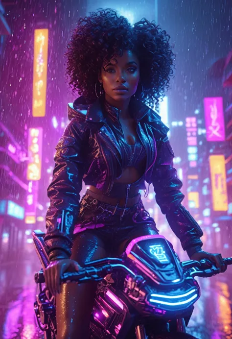 beautiful black woman with curly hair and african designed neon lit futuristic clothes, riding a hover bike flying above the neo...