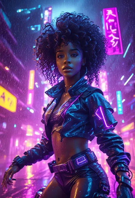 beautiful black woman with curly hair and african designed neon lit futuristic clothes, riding a hover bike flying above the neo...