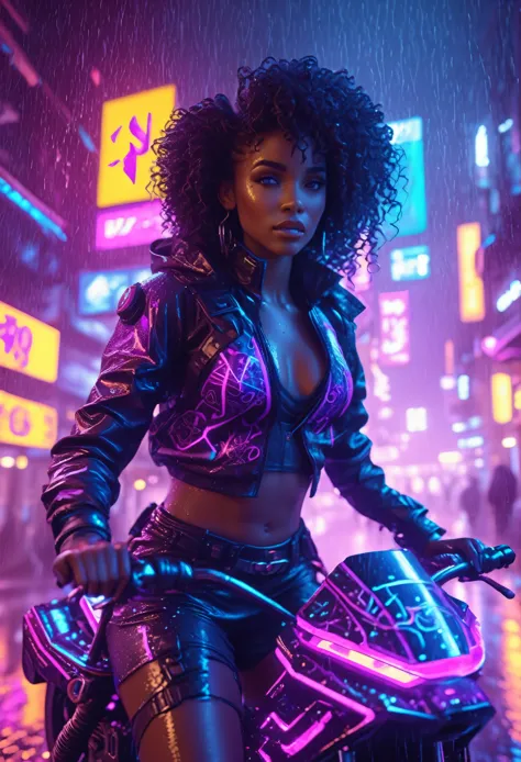 beautiful black woman with curly hair and african designed neon lit futuristic clothes, riding a hover bike in the streets of a ...