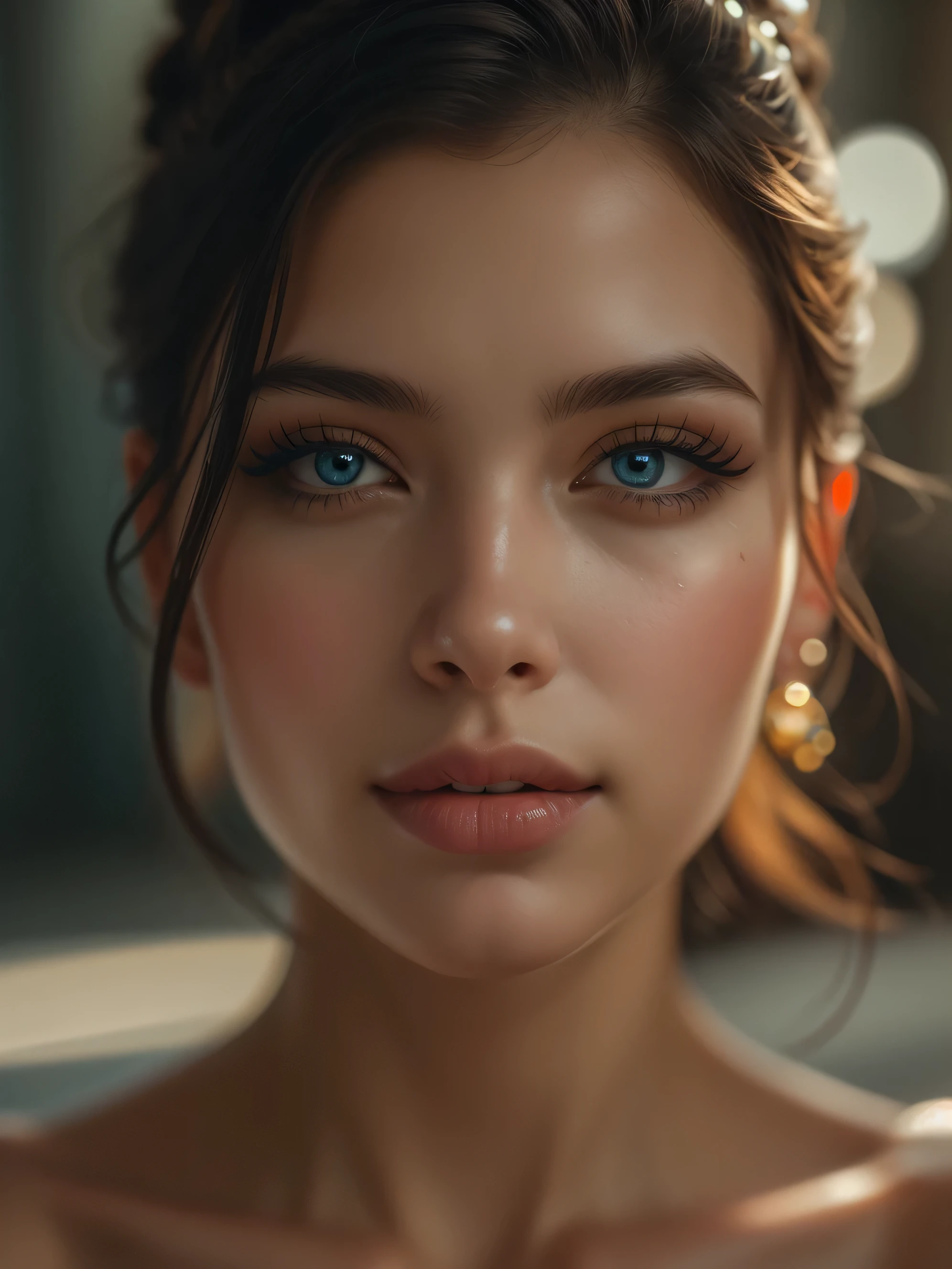 (((ultra realistic))) A close up Photo, masterpiece, top quality, (Ultra detailed face and eyes:1.3),1 divine goddess, 1 girl, looking from side, astonishing beauty, ultra beautiful cat eye makeup, seductive smile, seductive queen, (special attention to skin detail: 1.2), Ultra detailed eyes, Erotic atmosphere, beautiful golden flowy hair, strong jaw line, perfect geometry, detailed background, depth in field, sharp focus on details, intricate details, realistic photo