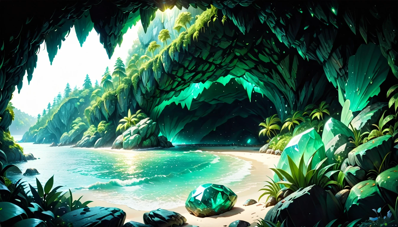 natural gemstones shine brightly, green cave, (masterpiece:1.2), best quality, high quality, ultra high res, (hyper detailed), absurdres, absolutely resolution, 4K, ultra HD, insanely detailed and intricate, high resolution, HDR, detailed background, sea seen beyond the forest, 