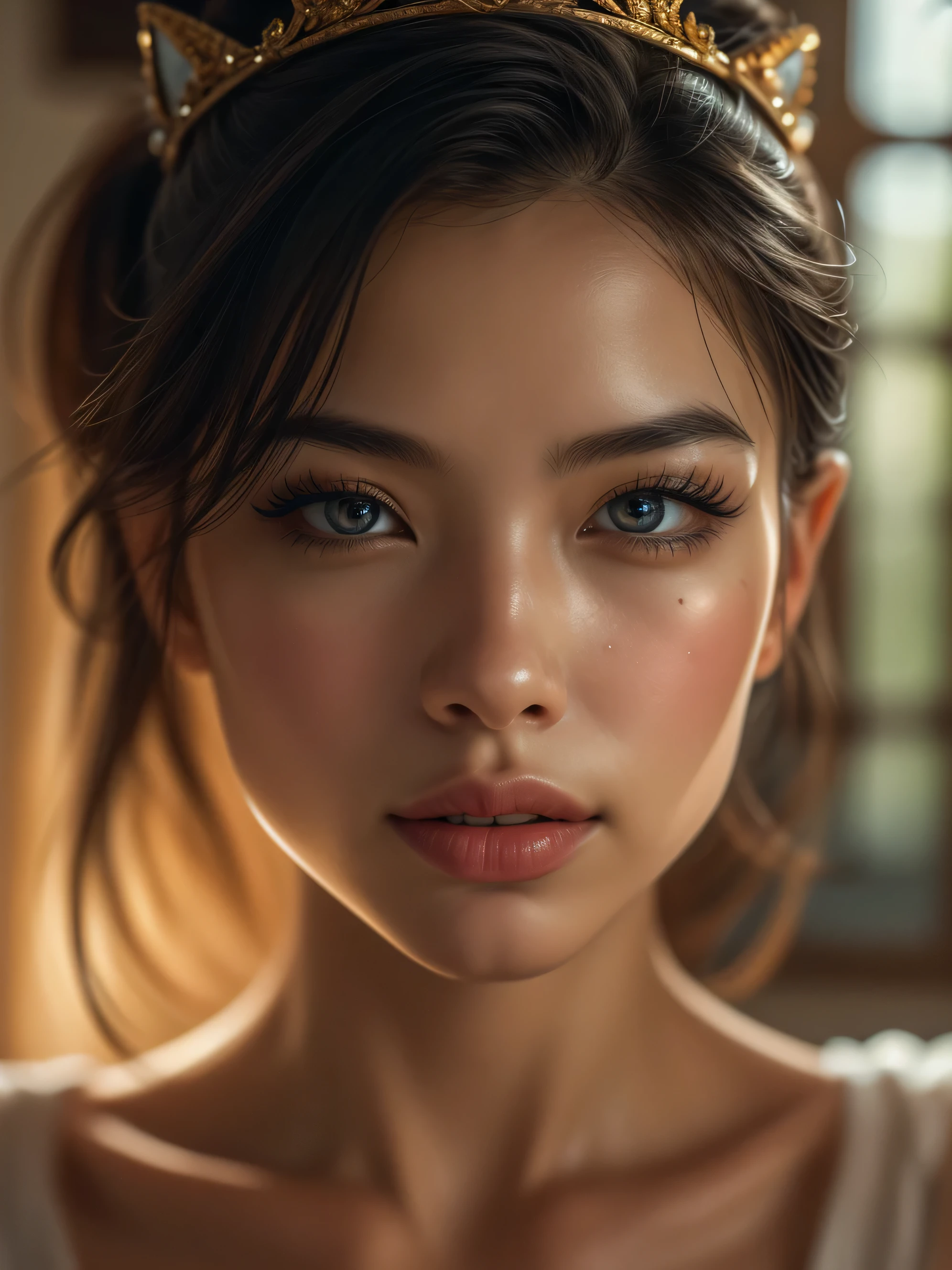 (((ultra realistic))) A close up Photo, masterpiece, top quality, (Ultra detailed face and eyes:1.3),1 divine goddess, 1 asian girl, looking from side, astonishing beauty, ultra beautiful cat eye makeup, seductive smile, seductive queen, (special attention to skin detail: 1.2),  Ultra detailed eyes, Erotic atmosphere, beautiful golden flowy hair, strong jaw line, perfect geometry, detailed background, depth in field, sharp focus on details, intrinsic details, realistic photo