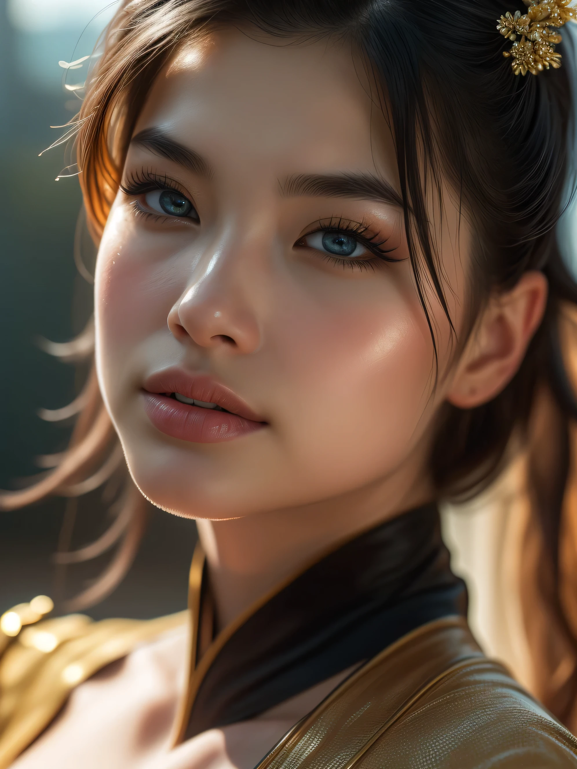 (((ultra realistic))) A close up Photo, masterpiece, top quality, (Ultra detailed face and eyes:1.3),1 divine goddess, 1 asian girl, (lucy liu like), looking from side, astonishing beauty, ultra beautiful cat eye makeup, seductive smile, seductive queen, (special attention to skin detail: 1.2),  Ultra detailed eyes, Erotic atmosphere, beautiful golden flowy hair, strong jaw line, perfect geometry, detailed background, depth in field, sharp focus on details, intrinsic details, realistic photo