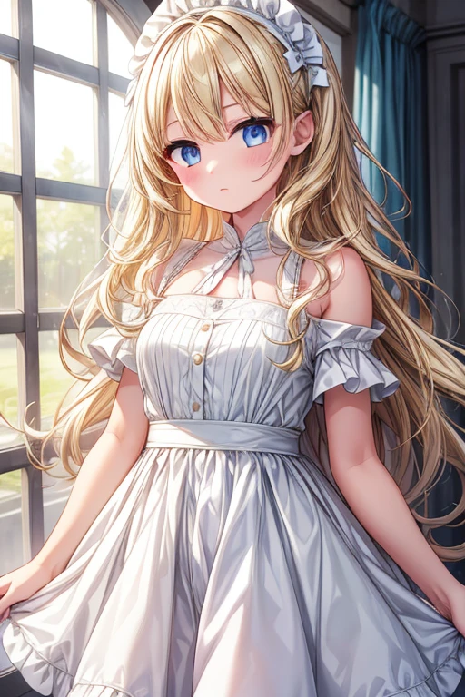 One Girl　Wavy blonde hair　White dress　