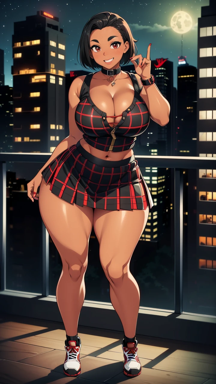 4K Quality, sexy smile, tan tomboy, cute eyebrows, (black and red plaid skirt), ((black and red jordans)), standing up, (black and red short hair), ((dark skinned)), thick thighs, big breasted, big ass, looking at viewer, red eyes, at the penthouse, (night time), sexy pose, in the living room
