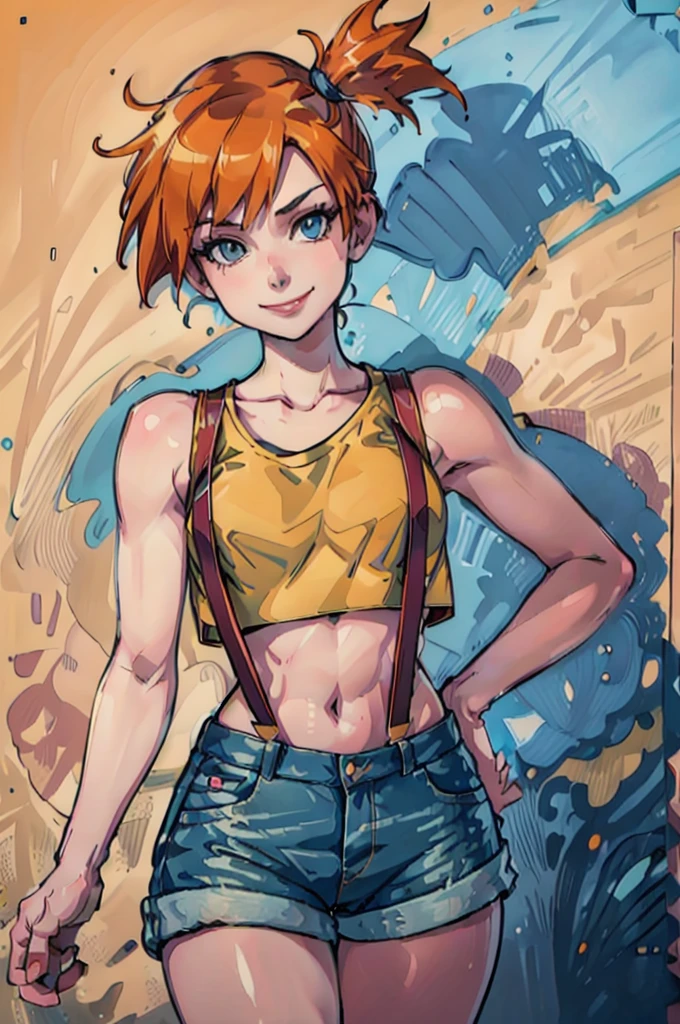 ((masterpiece,best quality)), absurdres,
Misty_Pokemon, yellow crop top, suspenders, side ponytail, orange hair, denim shorts, 
solo, smiling, looking at viewer, cowboy shot,
cinematic composition, contrapposto, peace sign,
tropical beach,