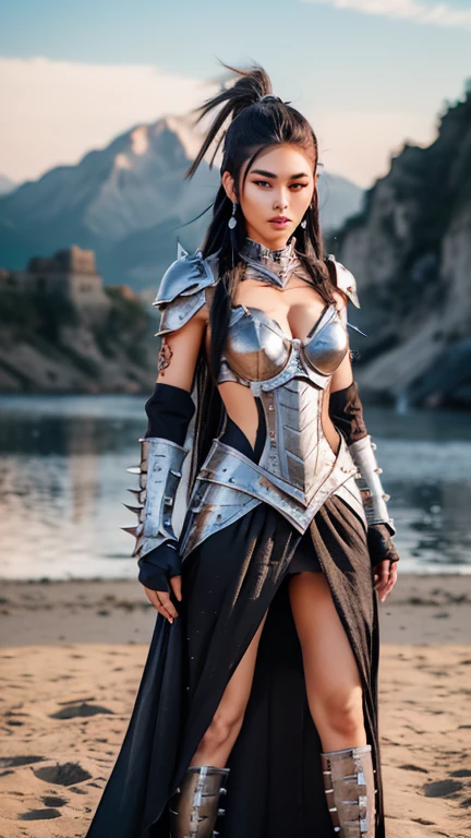 a hyperrealistic photograph of a Eurasian woman, in delicate silver armor, hair combed back, decorated with silver spikes, (dreadlocks with silver thread decorated with silver spikes)), sharp focus, model pose should be a combative full body pose with a view towards the Camera, chinchillas in the background