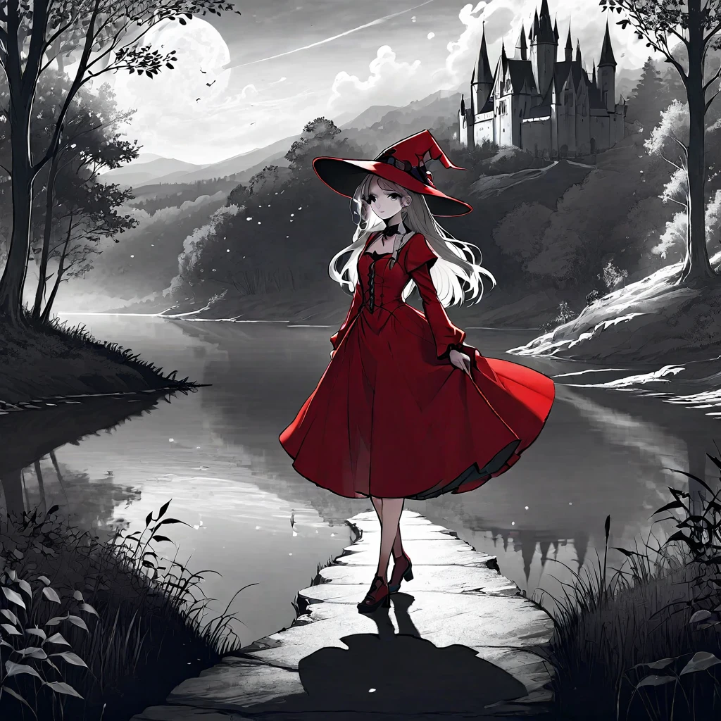 (best quality, 8k, panoramic, masterpiece) A beautiful young witch，Wearing a red dress（European medieval style，Gothic style），Walking alone in the woods of the park，There is a lake next to it.。Line drawing style，Suspenseful dark style。