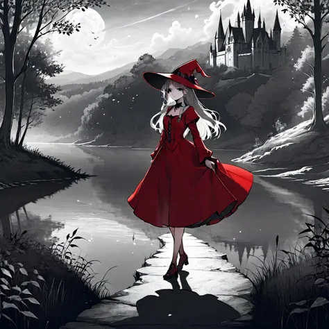 (best quality, 8k, panoramic, masterpiece) A beautiful young witch，Wearing a red dress（European medieval style，Gothic style），Wal...