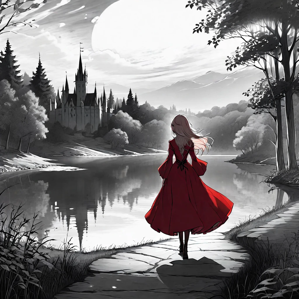 (best quality, 8k, panoramic, masterpiece) A beautiful young witch，Wearing a red dress（European medieval style，Gothic style），Walking alone in the woods of the park，There is a lake next to it.。Line drawing style，Suspenseful dark style。