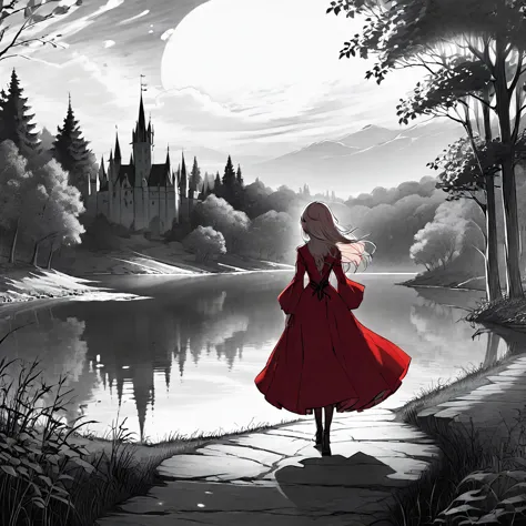 (best quality, 8k, panoramic, masterpiece) A beautiful young witch，Wearing a red dress（European medieval style，Gothic style），Wal...