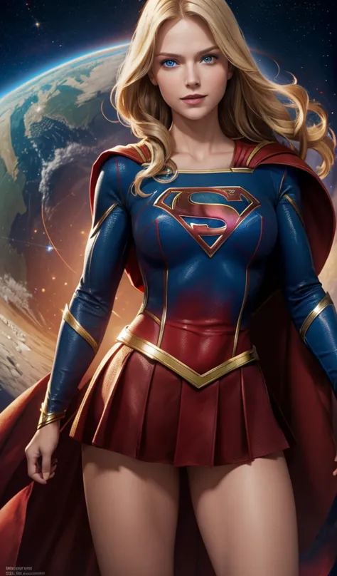 The actress Milly Alcock as the character Supergirl, traditional 'S' in the chest, extremely beautiful blue eyes, beautiful blon...