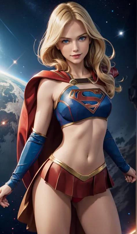 The actress Milly Alcock as the character Supergirl, traditional 'S' in the chest, extremely beautiful blue eyes, beautiful blon...