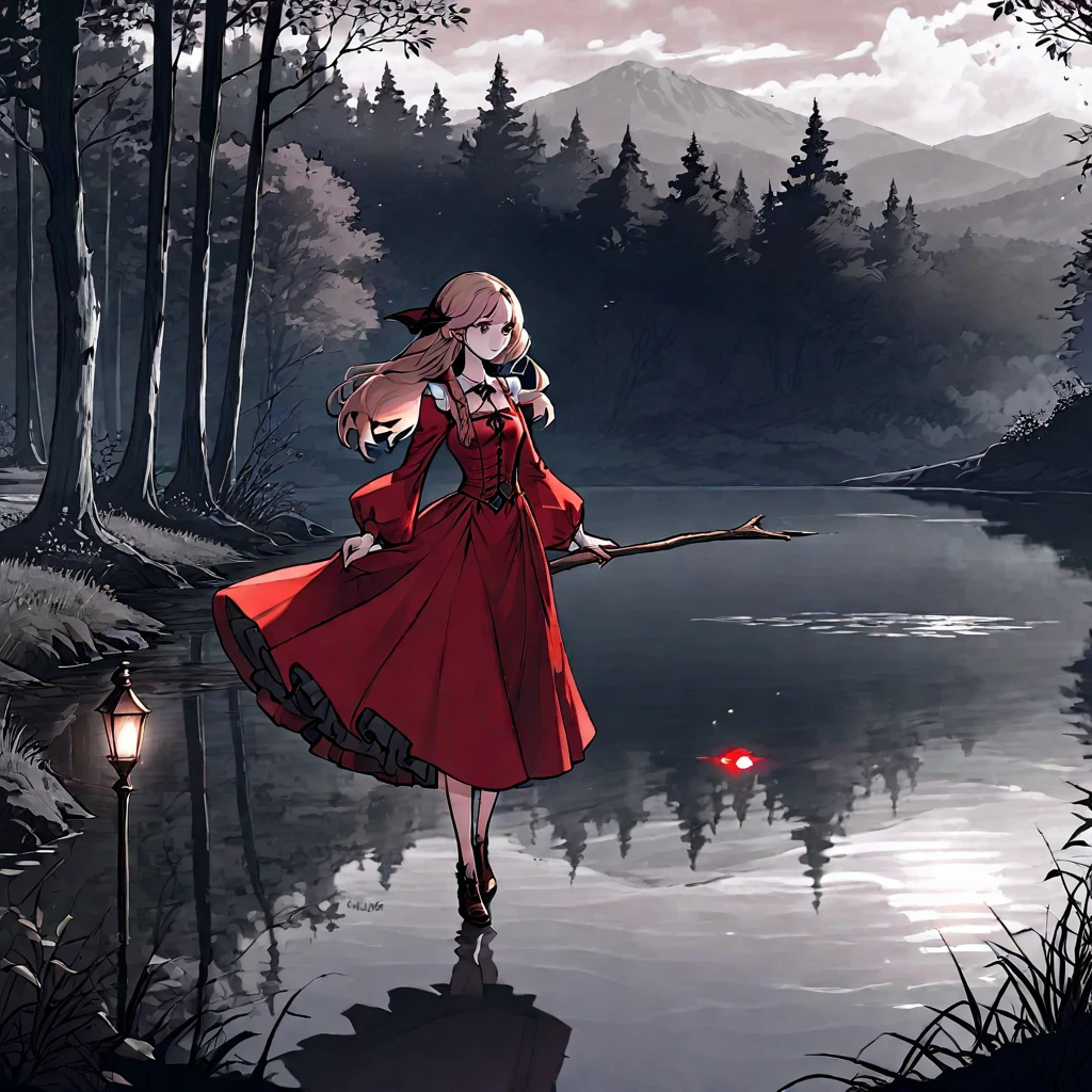 (mejor calidad, 8K, obra maestra) una hermosa joven bruja，usando un vestido rojo（Estilo medieval europeo，Estilo gótico），Caminando solo por el lago en el bosque。Estilo de dibujo lineal，Estilo oscuro y lleno de suspenso。