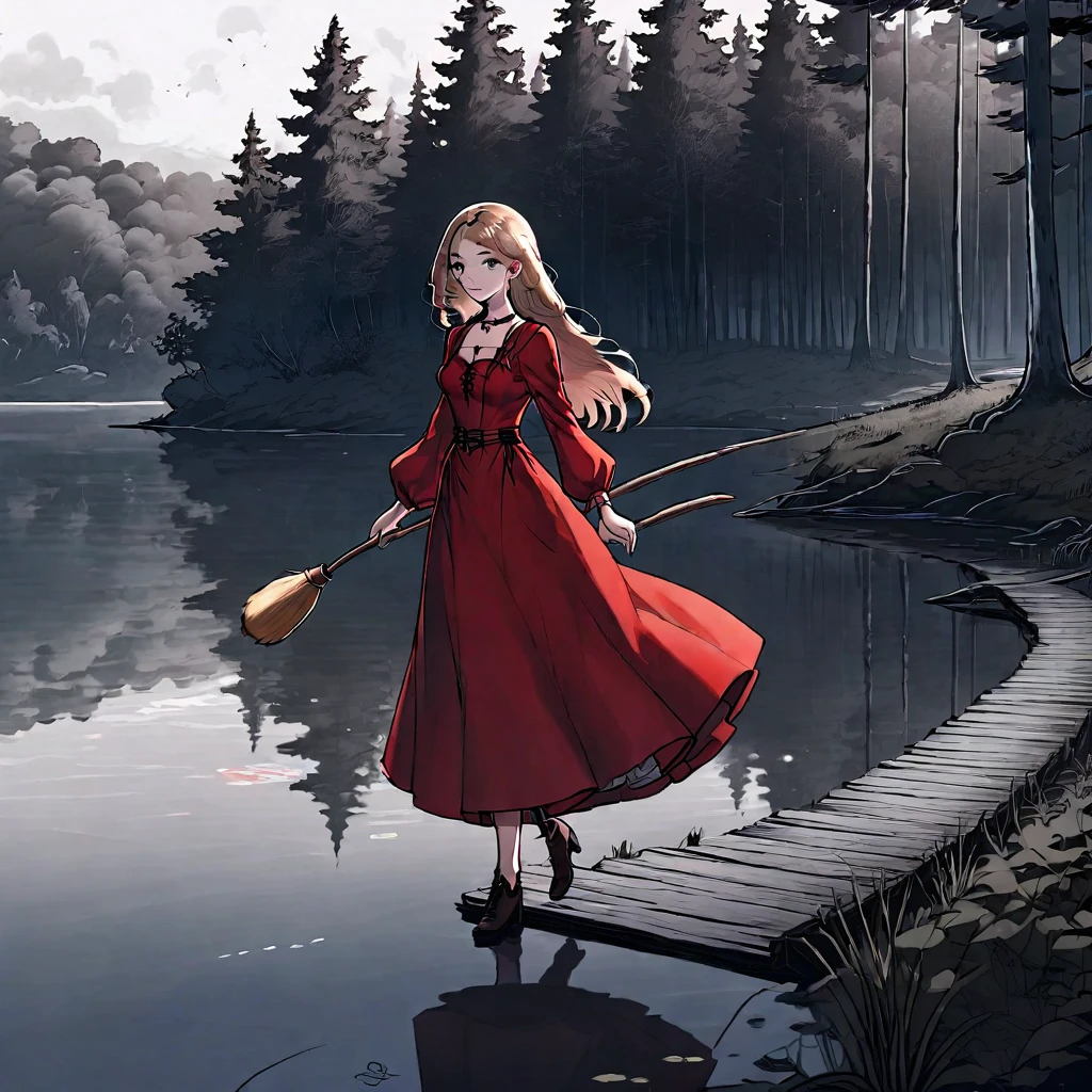 (mejor calidad, 8K, obra maestra) una hermosa joven bruja，usando un vestido rojo（Estilo medieval europeo，Estilo gótico），Caminando solo por el lago en el bosque。Estilo de dibujo lineal，Estilo oscuro y lleno de suspenso。