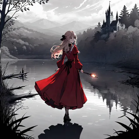 (best quality, 8k, masterpiece) A beautiful young witch，Wearing a red dress（European medieval style，Gothic style），Walking alone ...