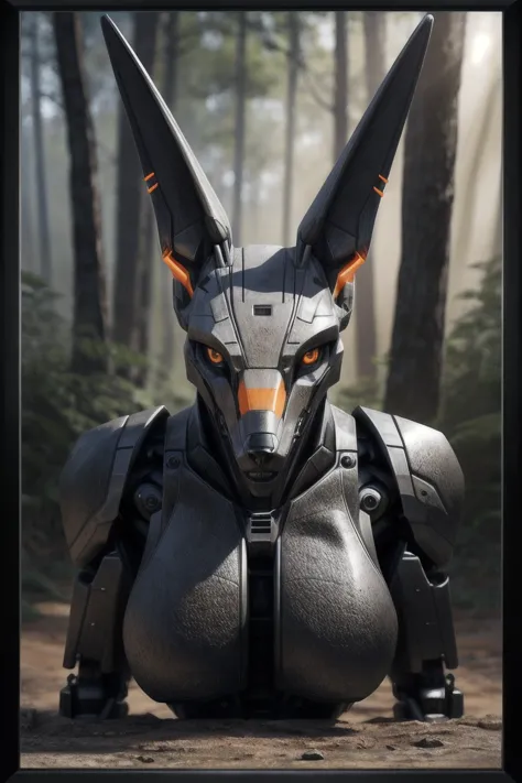 A photorealistic masterpiece captures a striking robotic jackal, its blocky angular mechanical head and breasts grafted onto a b...