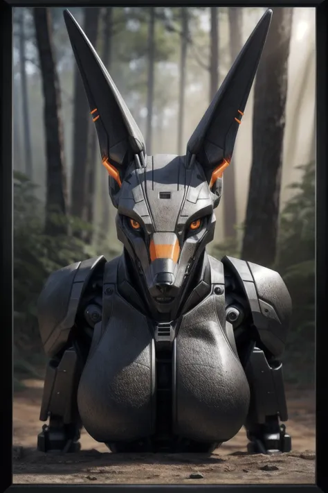 a photorealistic masterpiece captures a striking robotic jackal, its blocky angular mechanical head and breasts grafted onto a b...