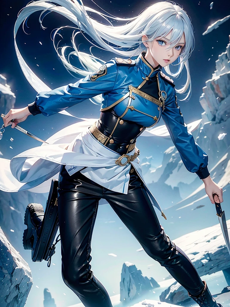 Asian，woman，25 years old，The appearance is overwhelming，Long white blue hair，Blue Eyes，Height 1.75 meters，Weight 54 kg，Golden ratio figure，The upper body is wearing a close-fitting blue Chinese sexy bellyband and a blue long-sleeved tactical jacket，Wearing black skinny jeans and tactical shoes，A Tang knife hangs from his waist，Cold personality，Surrounded by ice crystals