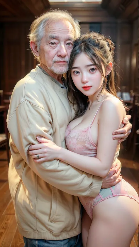 ((old man hugging a beautiful and sexy young girl)),