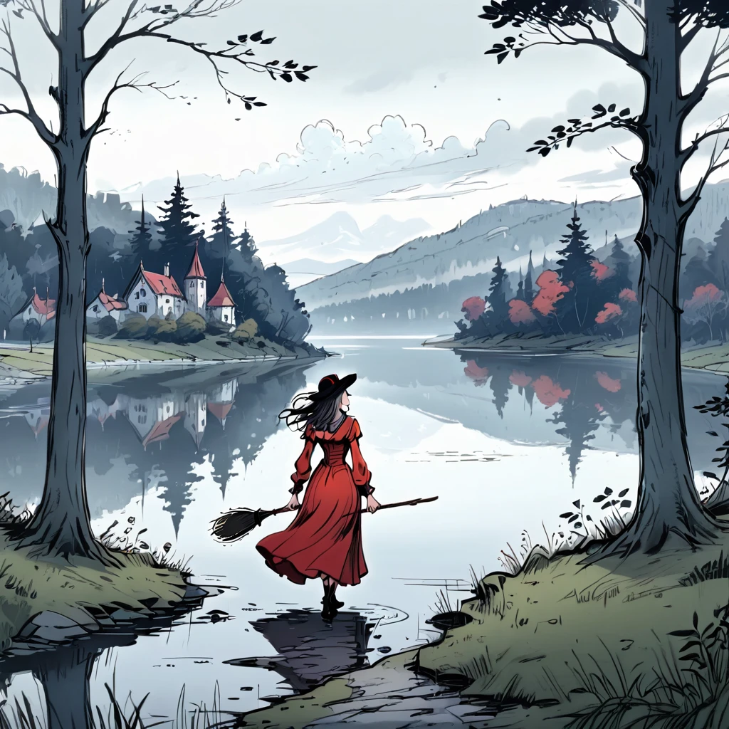 (best quality, 8k, masterpiece) A beautiful young witch，Wearing a red dress（European medieval style，Gothic style），Walking alone by the lake in the woods。Line drawing style，Suspenseful dark style。