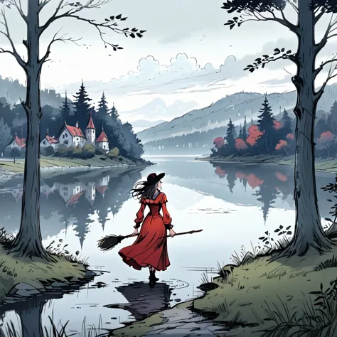 (best quality, 8k, masterpiece) a beautiful young witch，wearing a red dress（european medieval style，gothic style），walking alone ...