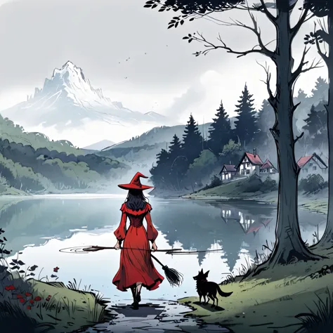 (best quality, 8k, masterpiece) A beautiful young witch，Wearing a red dress（European medieval style，Gothic style），Walking alone ...