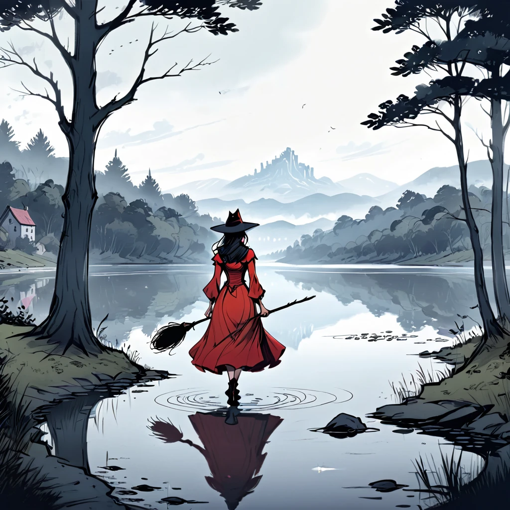 (best quality, 8k, masterpiece) A beautiful young witch，Wearing a red dress（European medieval style，Gothic style），Walking alone by the lake in the woods。Line drawing style，Suspenseful dark style。