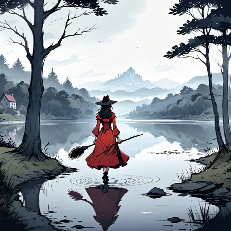 (best quality, 8k, masterpiece) a beautiful young witch，wearing a red dress（european medieval style，gothic style），walking alone ...