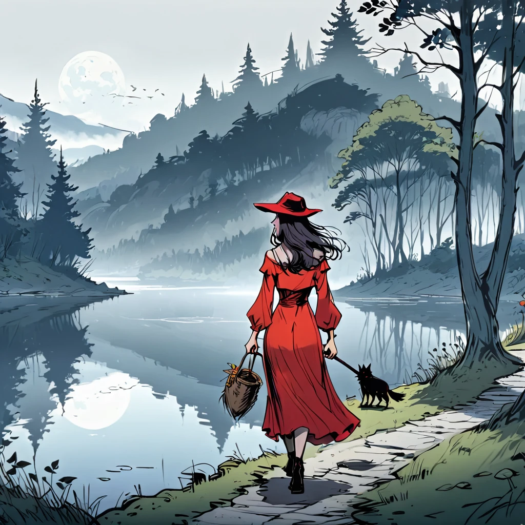 (best quality, 8k, masterpiece) A beautiful young witch，Wearing a red dress（European medieval style，Gothic style），Walking alone by the lake in the woods。Line drawing style，Suspenseful dark style。