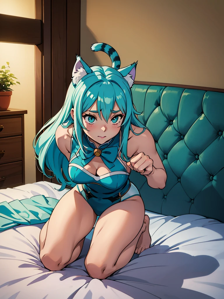 Aqua konosuba, ((Posición de rodillas linda en la cama)) ((sexual, Gata alta y hermosa)) ((gato&#39;orejas, cola de gato, gato's hair, gato's paws, gato's paws, gato's claws)), ((maquillaje de sombra de ojos oscura)) ((Lápiz labial rojo brillante)), ((pelo largo azul, Cerrar un ojo)) ((pechos grandes:1.2)) ((Cuerpo delgado:1.3)) ((Usa un bikini blanco con una tanga pequeña, medias blancas, guantes blancos)), ((Dentro del dormitorio)) ((Una alta resolución:1.5), ((luces de baja intensidad)) ((obra maestra:1.5))((8K:1.5)) ((mejor calidad:1.4))