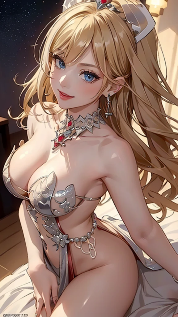 (((masterpiece, super high resolution, ultra HD, 8K quality))), (((woman in shin red colored evening dress))), (((See-through revealing dress))), (((blonde short hair, wave hair))), (((beautiful sparkling blue eyes, pupils with highlights))), ((long bangs)), pink lips, sexy expression, ((highly detailed)), (perfectly detailed face), (detailed and carefully drawn hands), (((very Big Tits, cute smile))), photorealistic image, silver tiara and earrings, pearl necklace, jade bangle, diamond ring, Beautiful figure from the knees up, standing, beautiful pose
