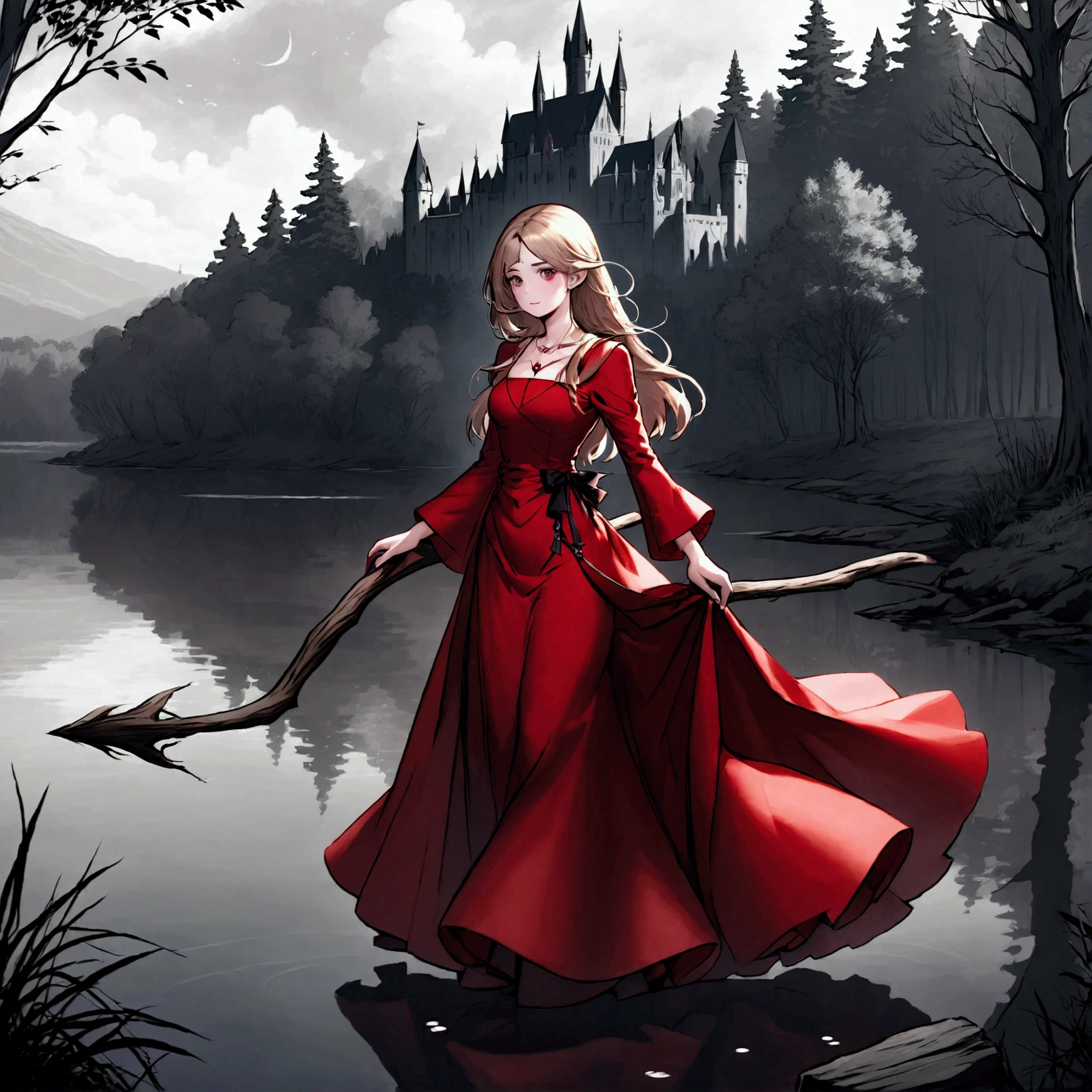 (mejor calidad, 8K, obra maestra) una hermosa joven bruja，usando un vestido rojo（Estilo medieval europeo，Estilo gótico），Caminando solo por el lago en el bosque。Estilo de dibujo lineal，Estilo oscuro y lleno de suspenso。