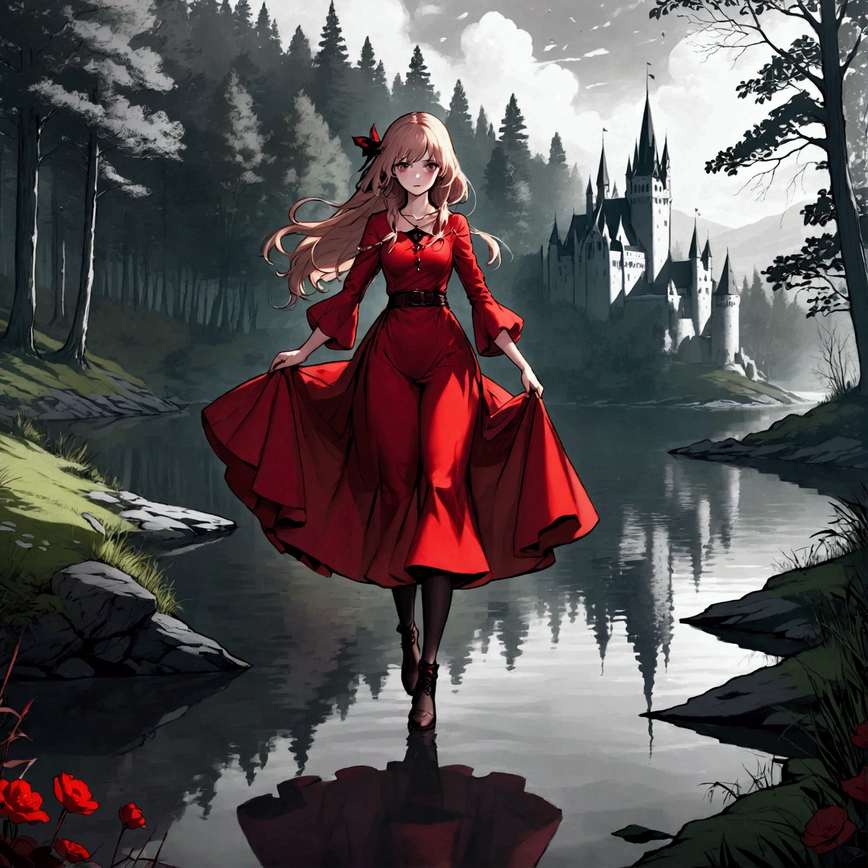 (mejor calidad, 8K, obra maestra) una hermosa joven bruja，usando un vestido rojo（Estilo medieval europeo，Estilo gótico），Caminando solo por el lago en el bosque。Estilo de dibujo lineal，Estilo oscuro y lleno de suspenso。