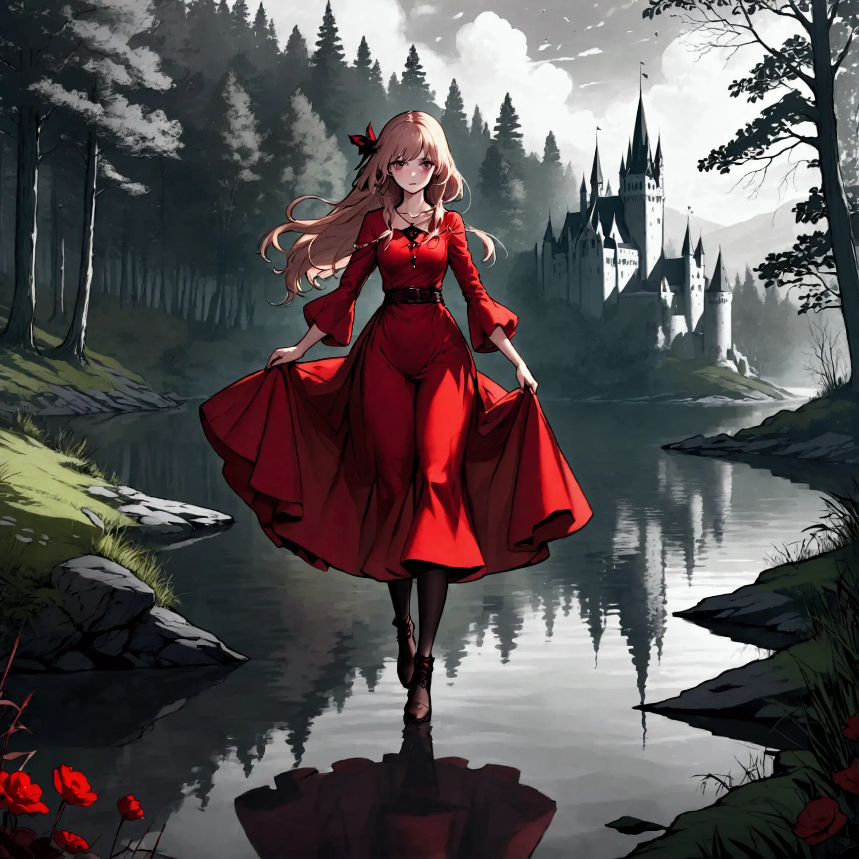 (best quality, 8k, masterpiece) A beautiful young witch，Wearing a red dress（European medieval style，Gothic style），Walking alone ...